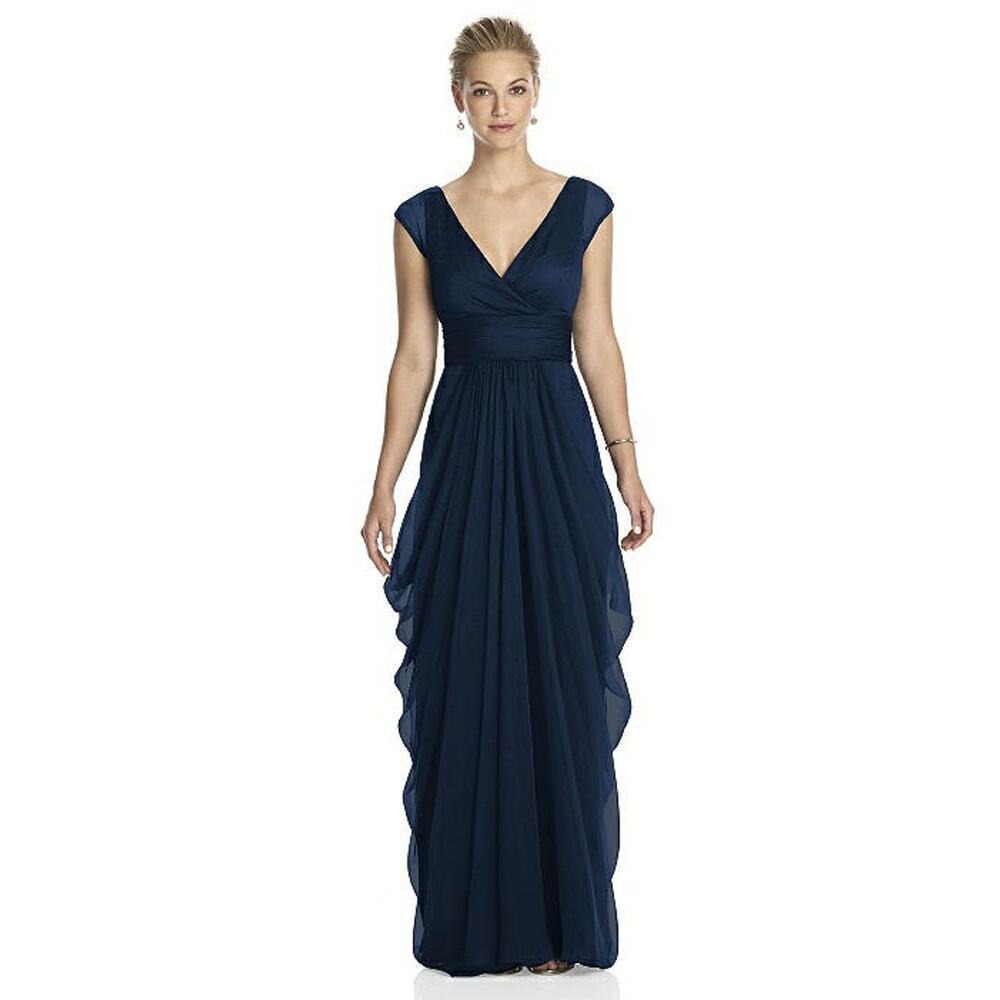 Lela Rose Midnight Blue Full Length Cap Sleeve Crinkle Dress